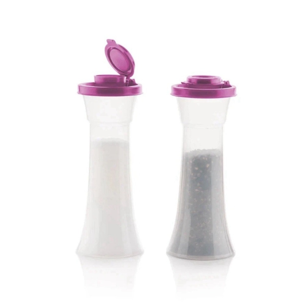 Tupperware Large Hourglass Salt & Pepper Shaker Set Purple Seals New